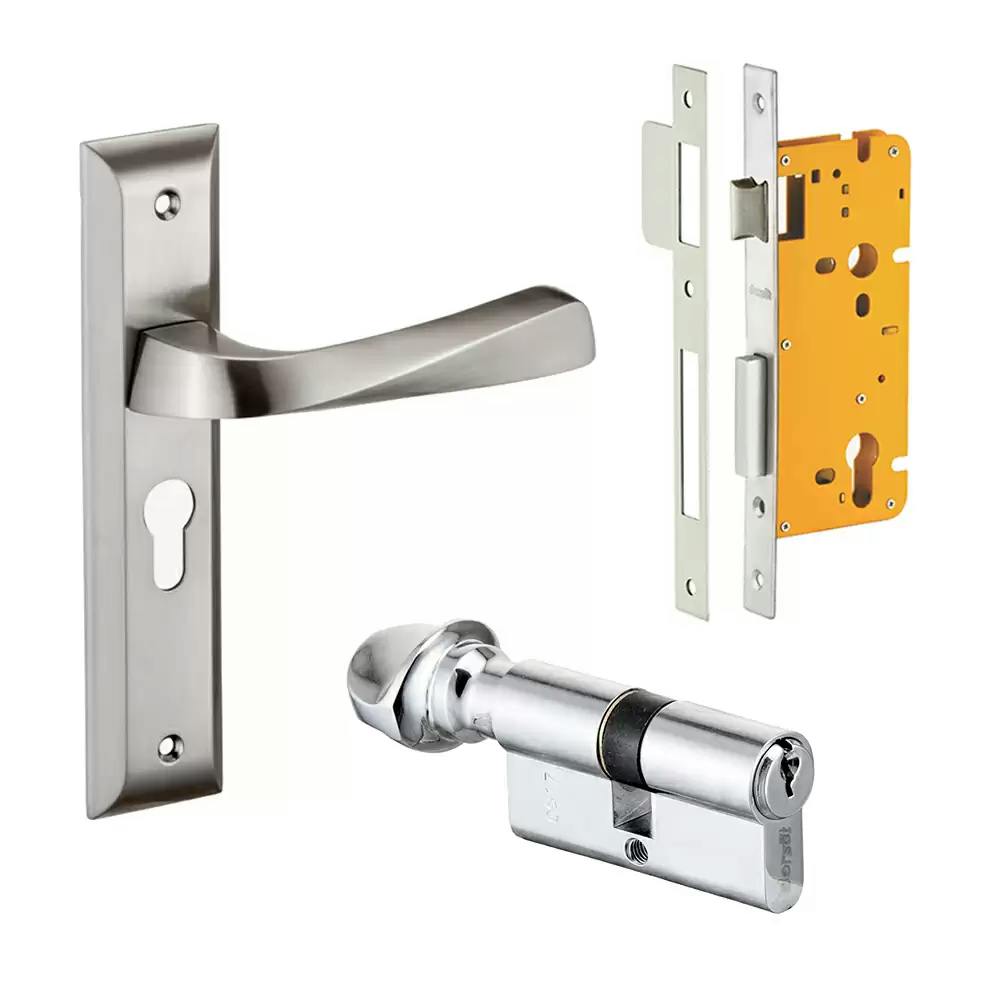 Dorset Noha 250 mm Mortise On Plate Door Handleset with Lock Body & 60 mm One Side Key & One Side Knob Cylinder - Silver Chrome