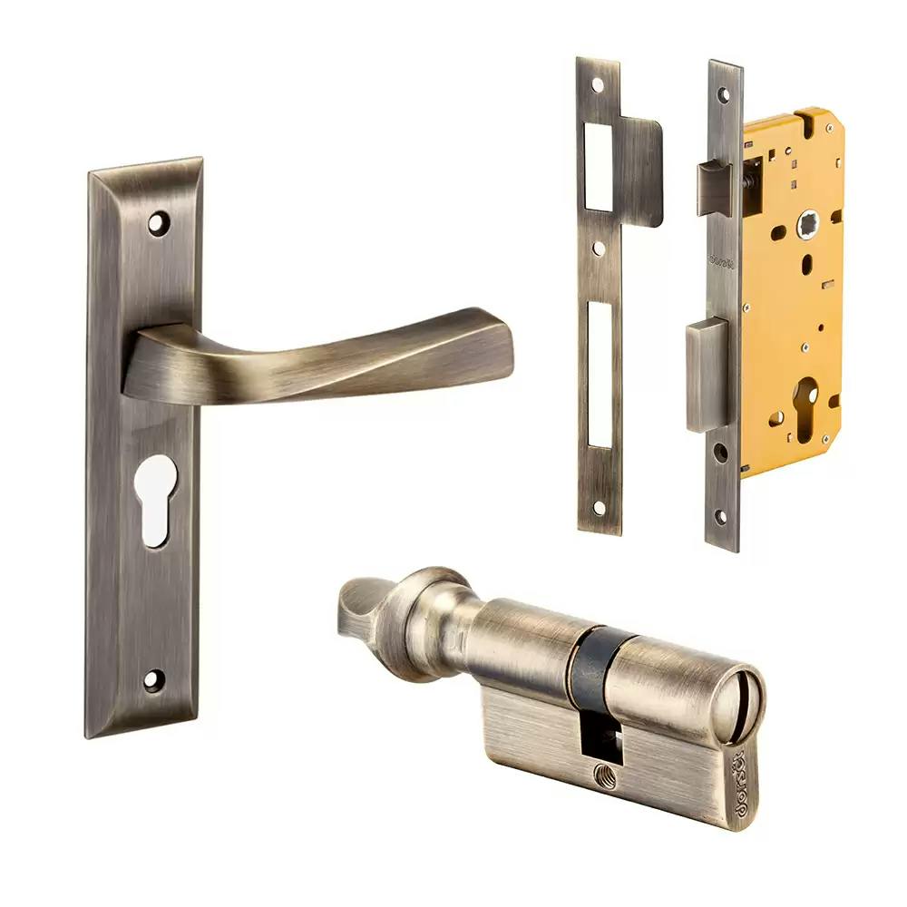 Dorset Noha 250 mm Mortise On Plate Door Handleset with Lock Body & 70 mm One Side Coin & One Side Knob Cylinder - Patina