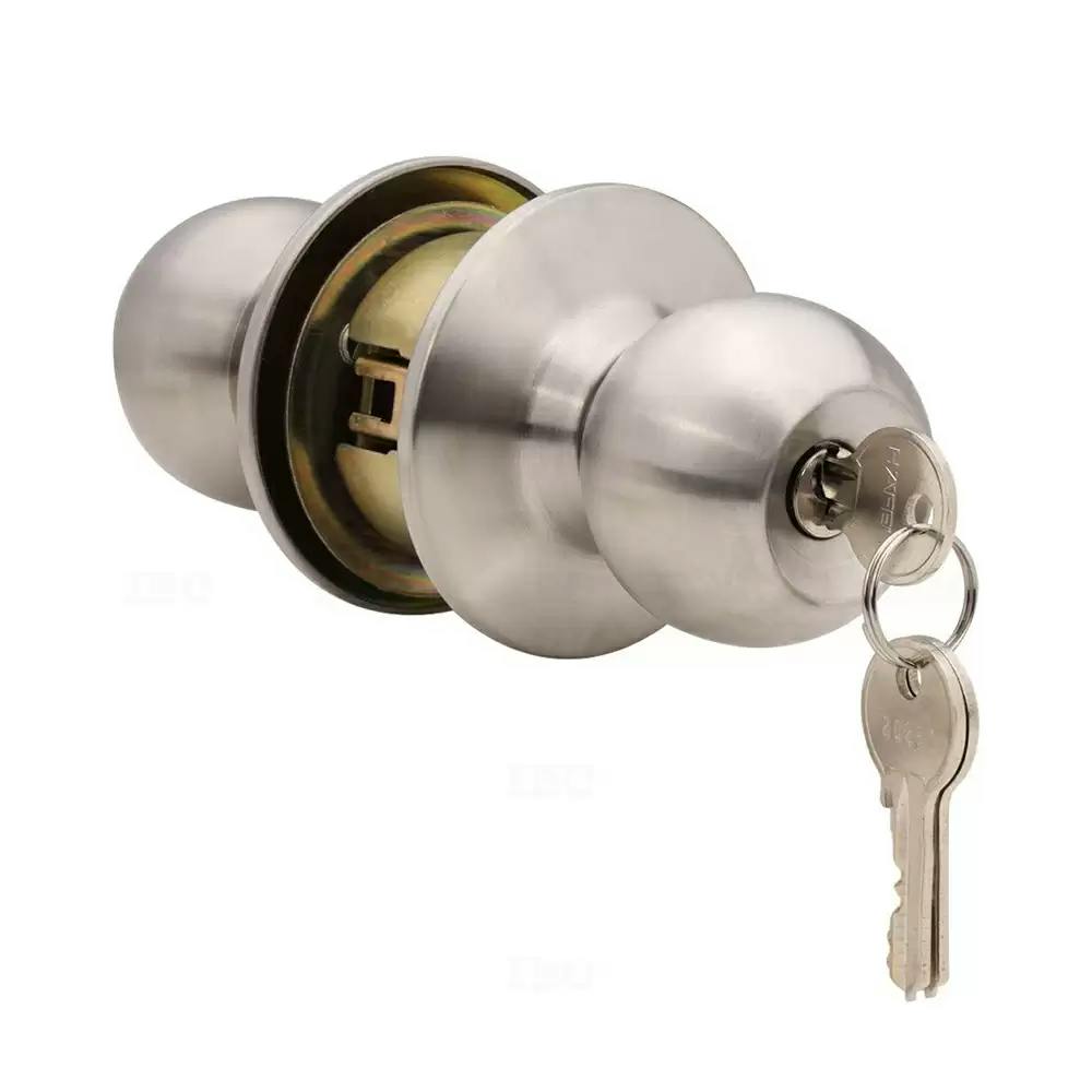 Hafele Stainless Steel 304 Cylindrical Lock 60 mm Entry Lock With 3 Brass Keys (One Side Key & One Side Knob) - Silver