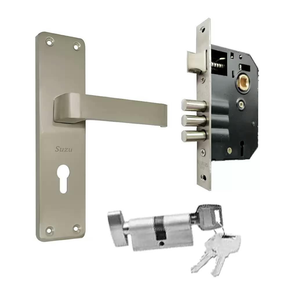 Suzu MS Wagon 200 mm CY Door Handleset With Lock Body & 60 mm OSK Pin Cylinder (Bedroom) - Stainless Steel